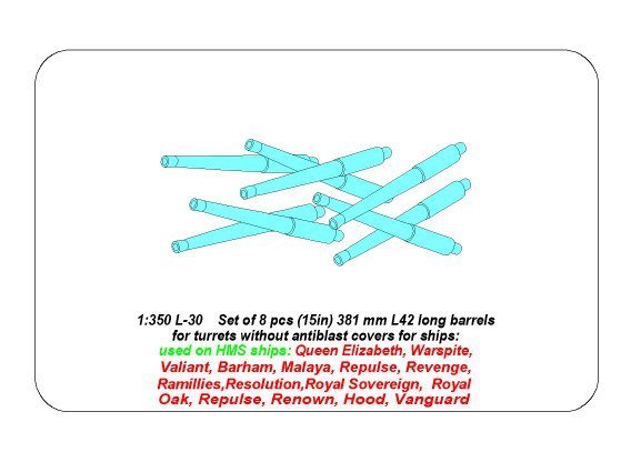 Aber 350L-30 Set of 8 pcs 381mm (15in) L42 Mk.I long barrels for Hood, Repulse, Queen Elisabeth, Vanguard 1/350 – zdjęcie 8