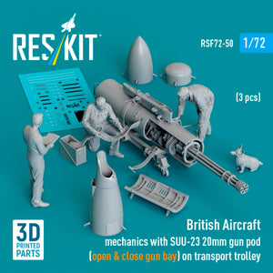 RESKIT RSF72-0050 British Aircraft mechanics with SUU-23 20mm gun pod (open &amp; close gun bay) on transport trolley (scene 1) (3 pcs) (3D Printed) 1/72
