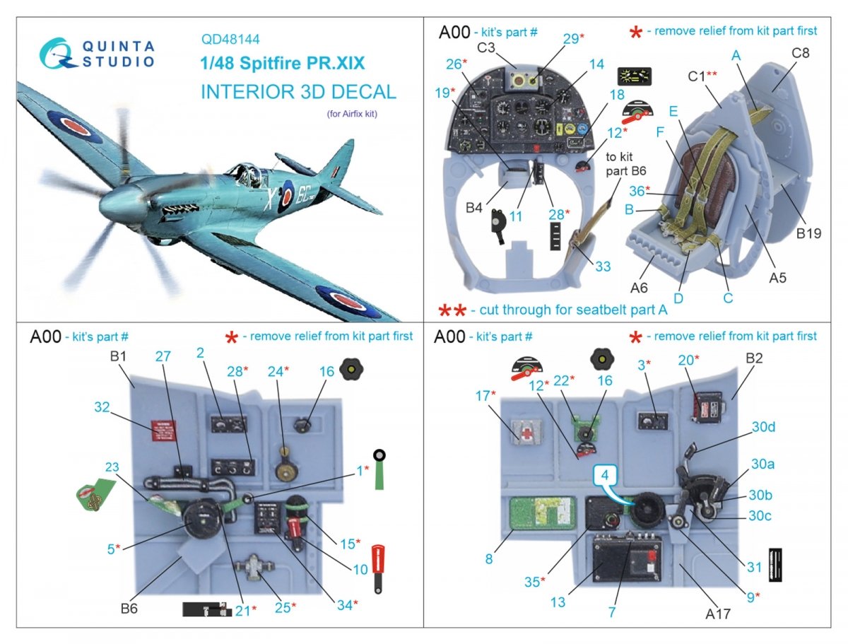Quinta Studio QD48144 Spitfire PR.XIX 3D-Printed &amp;amp; coloured Interior on decal paper (Airfix) 1/48 – zdjęcie 12