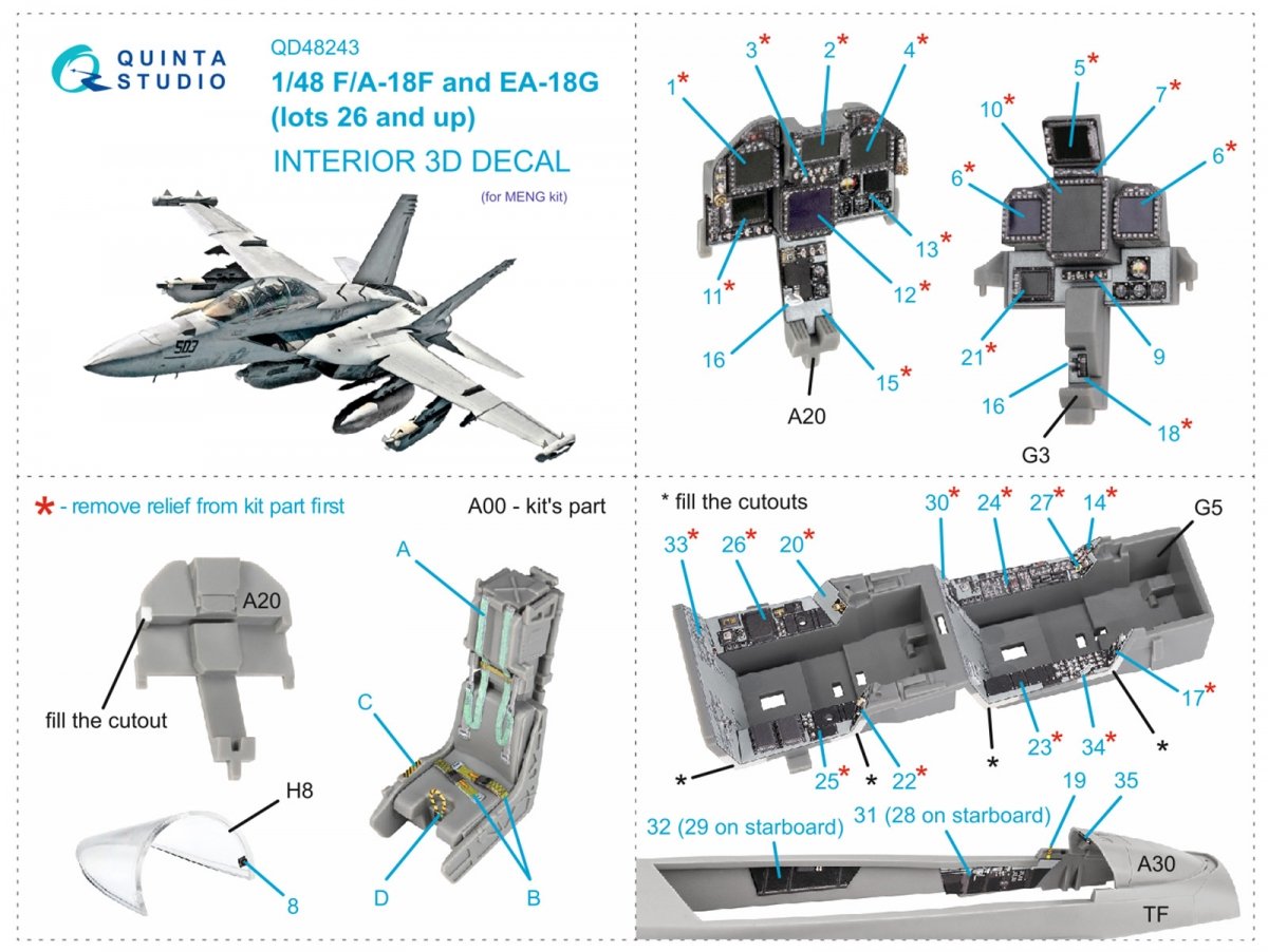 Quinta Studio QD48243 F/A-18F late / EA-18G 3D-Printed &amp;amp; colored Interior on decal paper ( Meng ) 1/48 – image 2