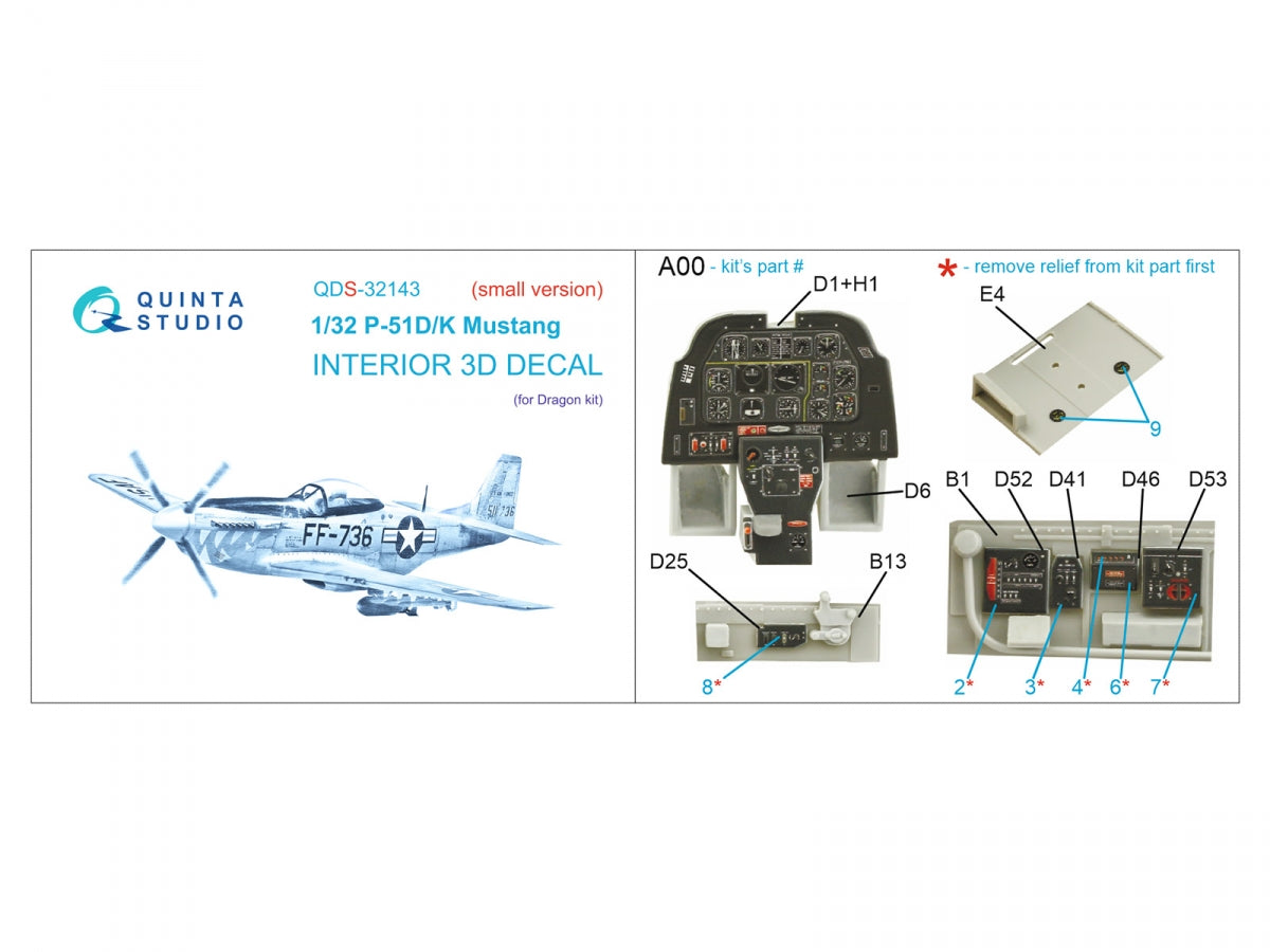 Quinta Studio QDS-32143 P-51D/K Mustang 3D-Printed coloured Interior on decal paper (Dragon) (Small version) 1/32 – zdjęcie 2