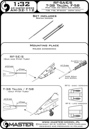 Master AM-32-112 T-38 Talon / F-5B / RF-5A, E, S - Rurka Pitota i lufy działek 20mm 1/32 – zdjęcie 3