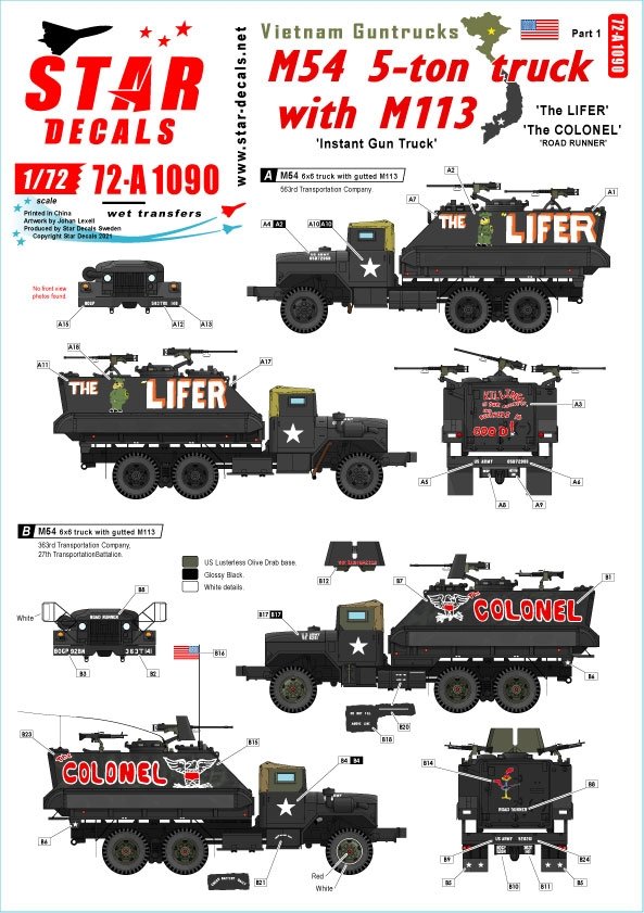 Star Decals 72-A1090 Vietnam Guntrucks. Instant Guntrucks - M54 5-ton truck with M113 APC 1/72