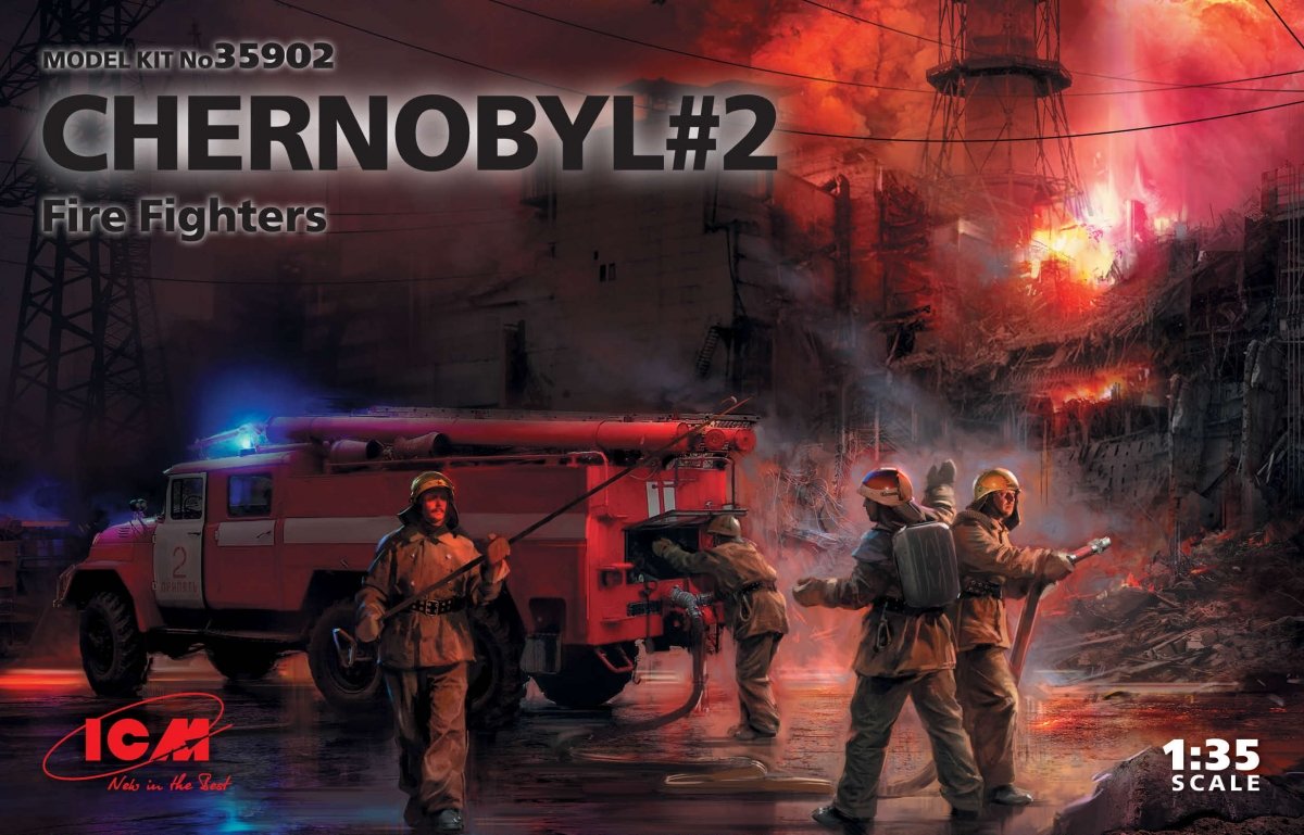 ICM 35902 Chernobyl #2. Fire Fighters (AC-40-137A firetruck &amp;amp; 4 figures &amp;amp; diorama base with background) 1/35
