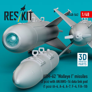 RESKIT RS48-0562 AGM-62 "Walleye I" missiles (2 pcs) with AN/AWG-16 data link pod (1 pcs) (A-4, A-6, A-7, F-4, F/A-18) (3D Printed) 1/48