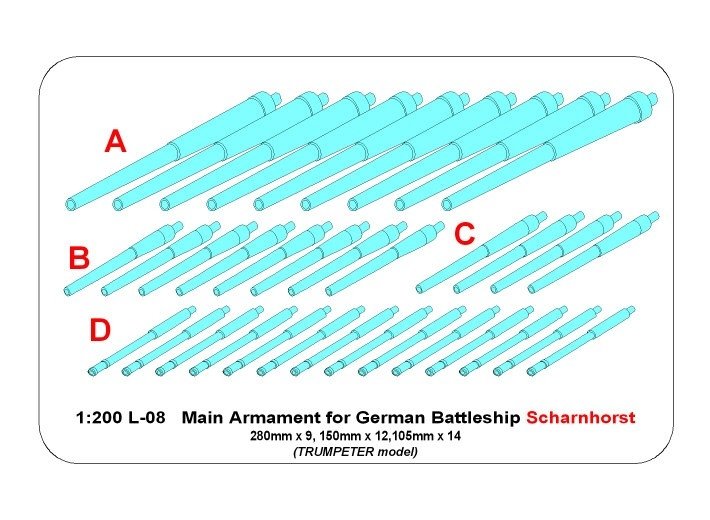 Aber 200L-08 Zestaw luf do pancernika Scharnhorst 280mmx9 1/200 – zdjęcie 10