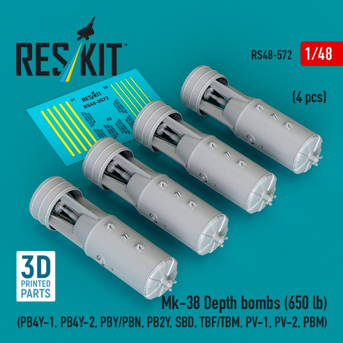 RESKIT RS48-0572 Mk-38 Depth bombs (650 lb) (4 pcs) (PB4Y-1, PB4Y-2, PBY/PBN, PB2Y, SBD, TBF/TBM, PV-1, PV-2, PBM) (3D Printed) 1/48