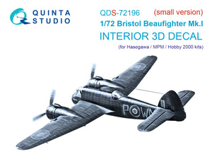 Quinta Studio QDS-72196 Bristol Beaufighter Mk.I 3D-Printed &amp;amp; colored Interior on decal paper (Hasegawa/MPM/Hobby2000) (small version) 1/72