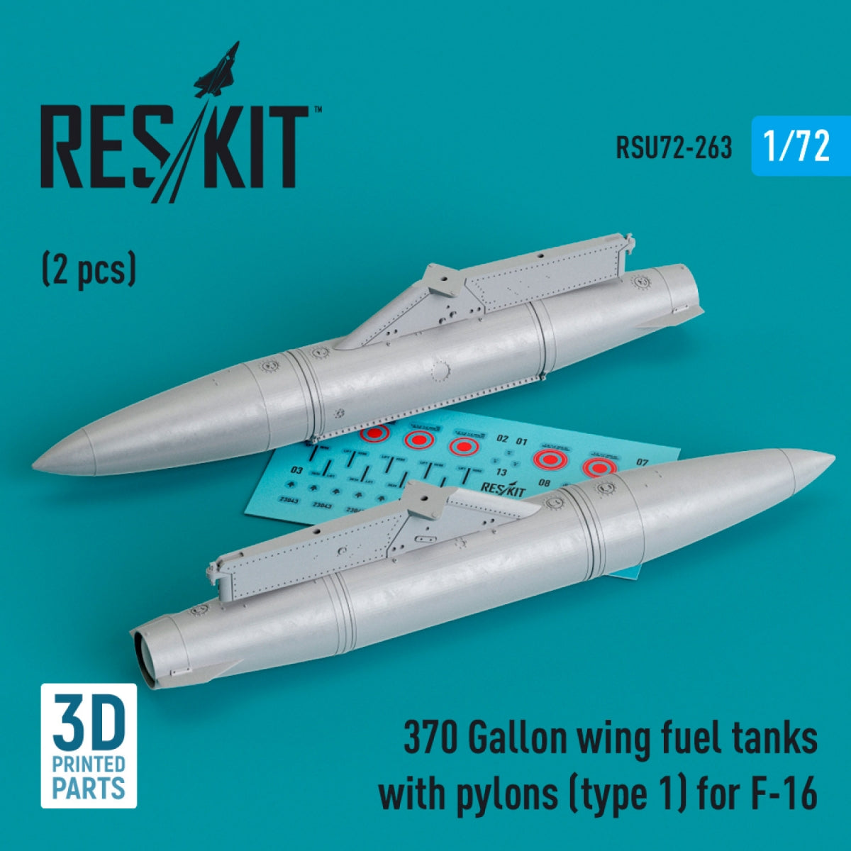 RESKIT RSU72-0263 370 Gallon wing fuel tanks with pylons (type 1) for F-16 (2 pcs) (3D Printed) 1/72