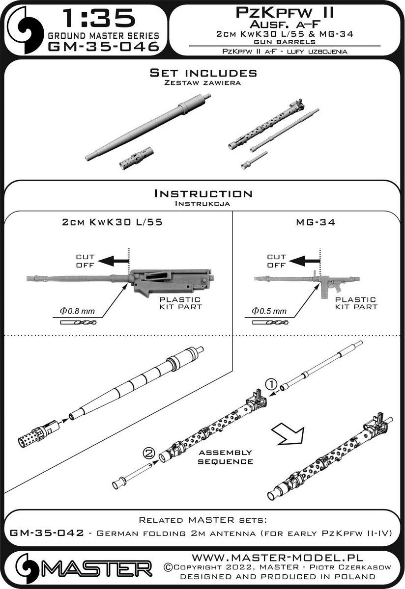 Master GM-35-046 PzKpfw II Ausf. a–F - 2cm KwK30 L/55 &amp;amp; MG-34 gun barrels (for IBG, Dragon and other kits) 1/35 – zdjęcie 11