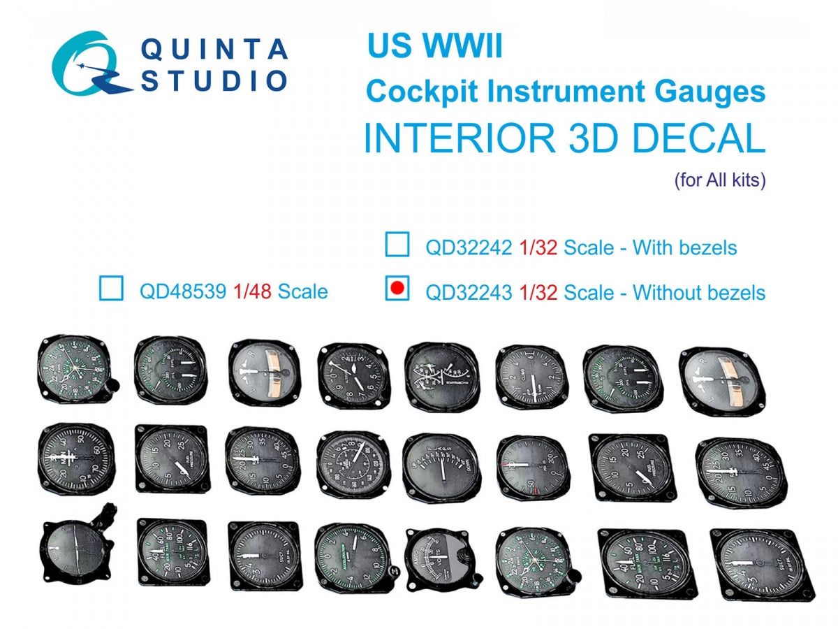 Quinta Studio QD32243 US WWII Cockpit instrument gauges without bezels 3D-Printed &amp;amp; coloured Interior on decal paper (All Kits) 1/32
