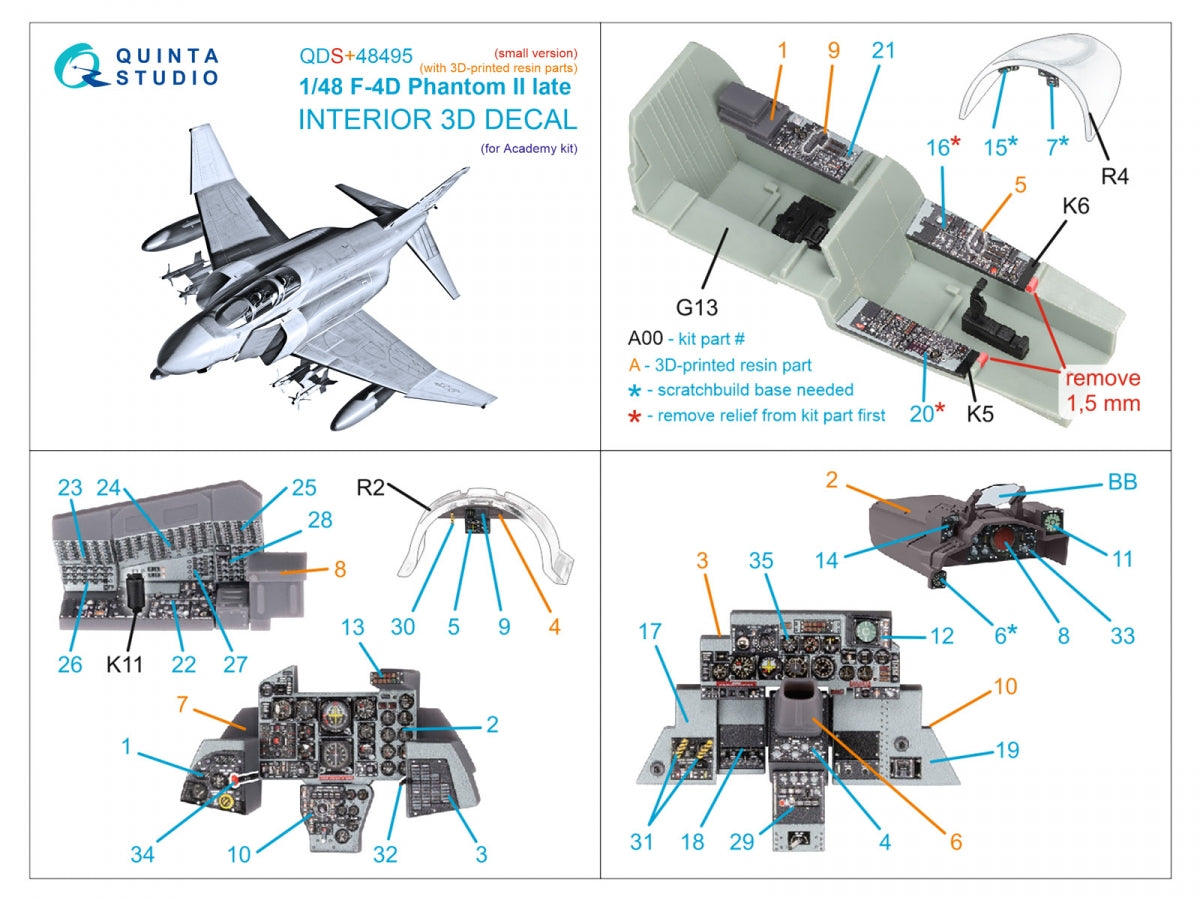 Quinta Studio QDS+48495 F-4D late Phantom II 3D-Printed &amp;amp; coloured Interior on decal paper (Academy) (Small version) (with 3D-printed resin parts) 1/48 – zdjęcie 3