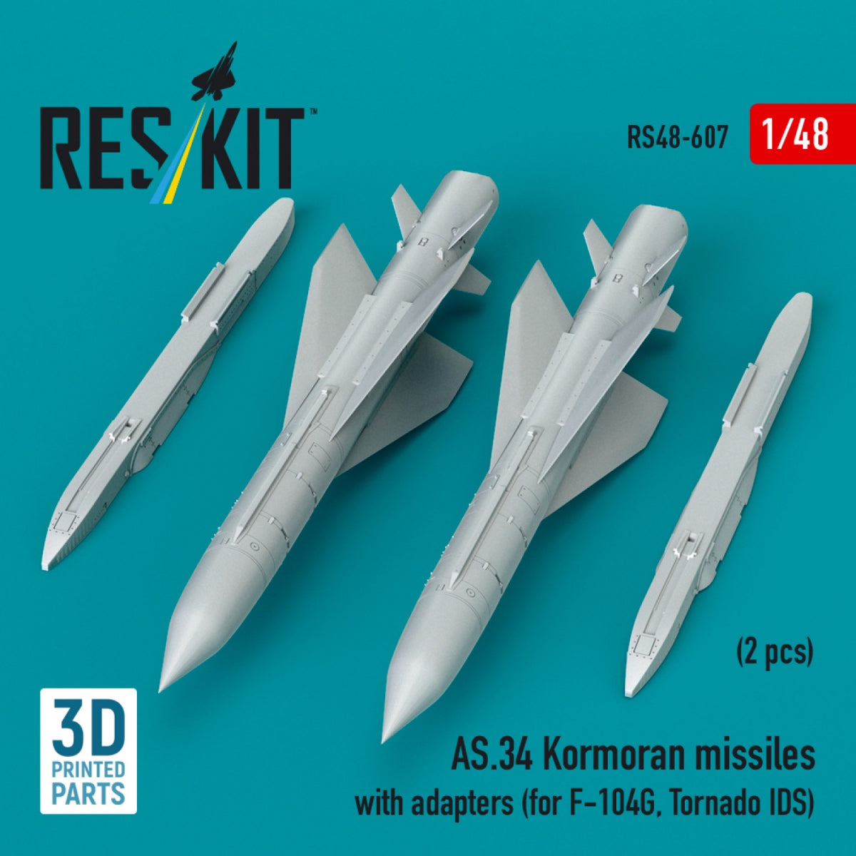 RESKIT RS48-0607 AS.34 Kormoran missiles with adapters (2 pcs) (for F-104G, Tornado IDS) (3D Printed) 1/48