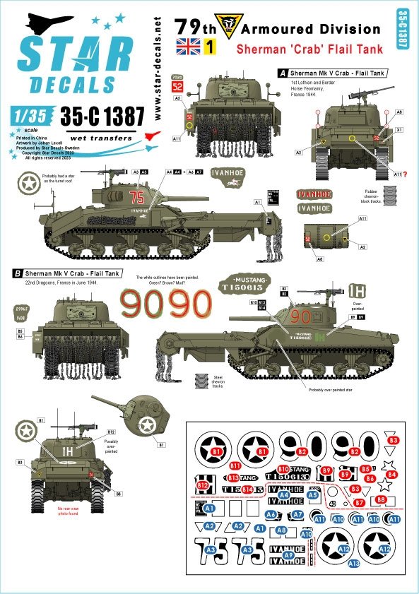 Star Decals 35-C1387 Sherman &amp;#39;Crab&amp;#39; Flail tank. British 79th Armored Division. Based on the Sherman Mk V. 1/35