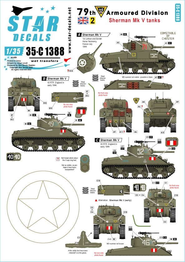 Star Decals 35-C1388 Sherman Mk V tanks. British 79th Armored Division. 1/35