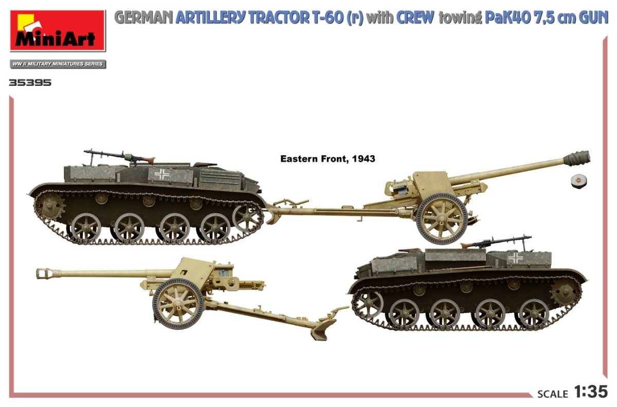 MiniArt 35395 GERMAN ARTILLERY TRACTOR T-60(r) &amp;amp; CREW Towing PaK40 GUN 1/35 – zdjęcie 3
