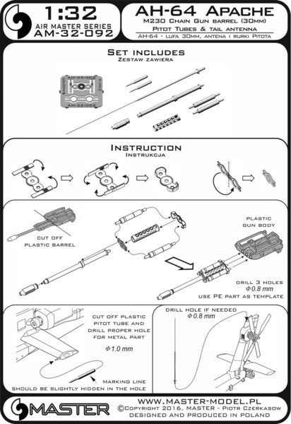 Master AM-32-092 AH-64 Apache - M230 Chain Gun barrel (30mm), Pitot Tubes and tail antenna (resin, PE and turned parts) 1/32 – zdjęcie 6
