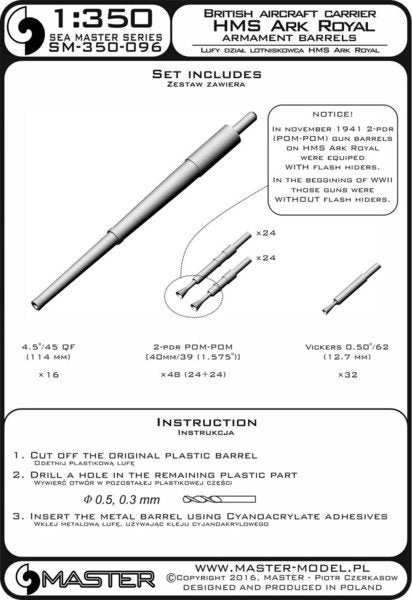 Master SM-350-096 HMS Ark Royal armament barrels - 4.5in (16pcs), 40mm POM-POM (48pcs), Vickers .50cal (32pcs) 1/350 – zdjęcie 3