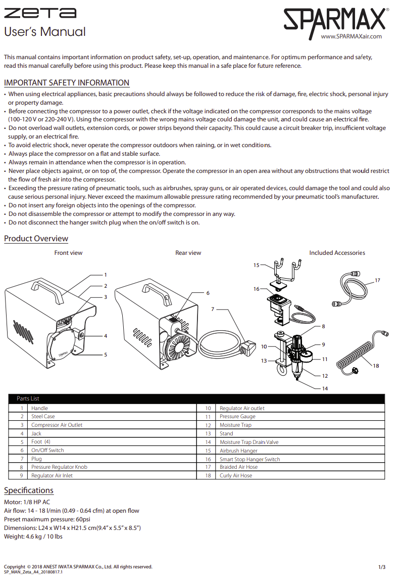Sparmax AC501XZ Zeta Mini Air Compressor With Smart Stop Hanger And 2m Hose – zdjęcie 5