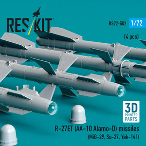 RESKIT RS72-0582 R-27ET (AA-10 Alamo-D) missiles (4 pcs) (MiG-29, Su-27, Yak-141) (3D Printed) 1/72
