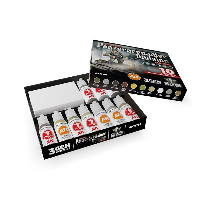 AK Interactive AK11781 GERMAN PANZERGRENADIER DIVISION, EUROPE – WARGAME STARTER SET – 10 COLORS &amp; EXCLUSIVE FIGURE (GERMAN MACHINE GUNNER)