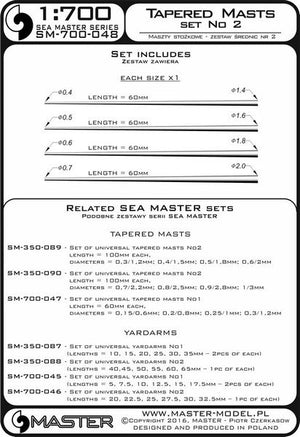 Master SM-700-048 Set of universal tapered masts No2 (length = 60mm each, diameters = 0,4/1,4mm; 0,5/1,6mm; 0,6/1,8mm; 0,7/2mm) 1/700 – zdjęcie 3