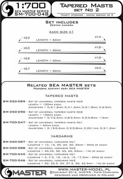 Master SM-700-048 Set of universal tapered masts No2 (length = 60mm each, diameters = 0,4/1,4mm; 0,5/1,6mm; 0,6/1,8mm; 0,7/2mm) 1/700 – zdjęcie 3