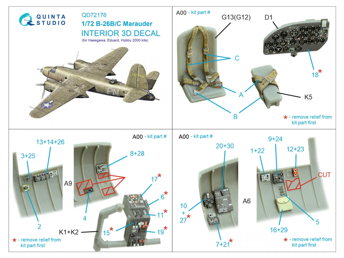 Quinta Studio QD72176 B-26B Marauder 3D-Printed &amp;amp; coloured Interior on decal paper (Hasegawa/ Eduard/ Hobby2000) 1/72 – zdjęcie 3