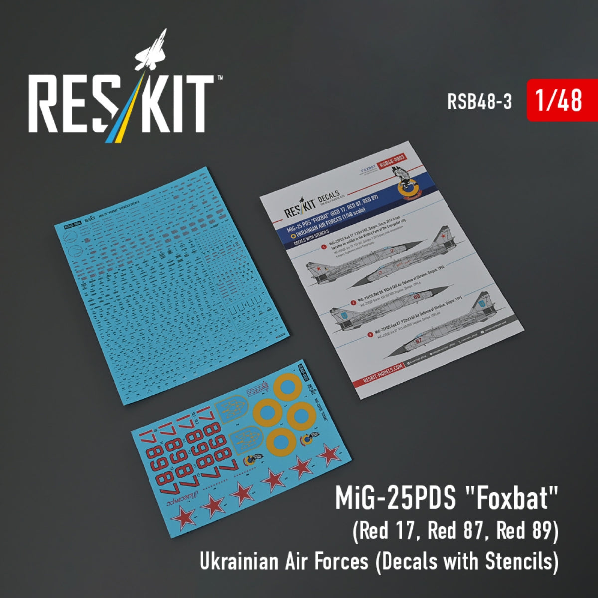 RESKIT RSB48-0003 MiG-25PDS "Foxbat" (Red 17, Red 87, Red 89) Ukrainian Air Forces (Decals with Stencils) 1/48