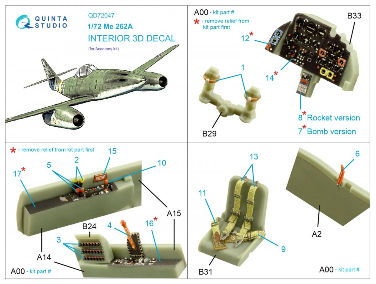 Quinta Studio QD72047 Me-262A 3D-Printed &amp;amp; coloured Interior on decal paper (Academy) 1/72 – zdjęcie 2