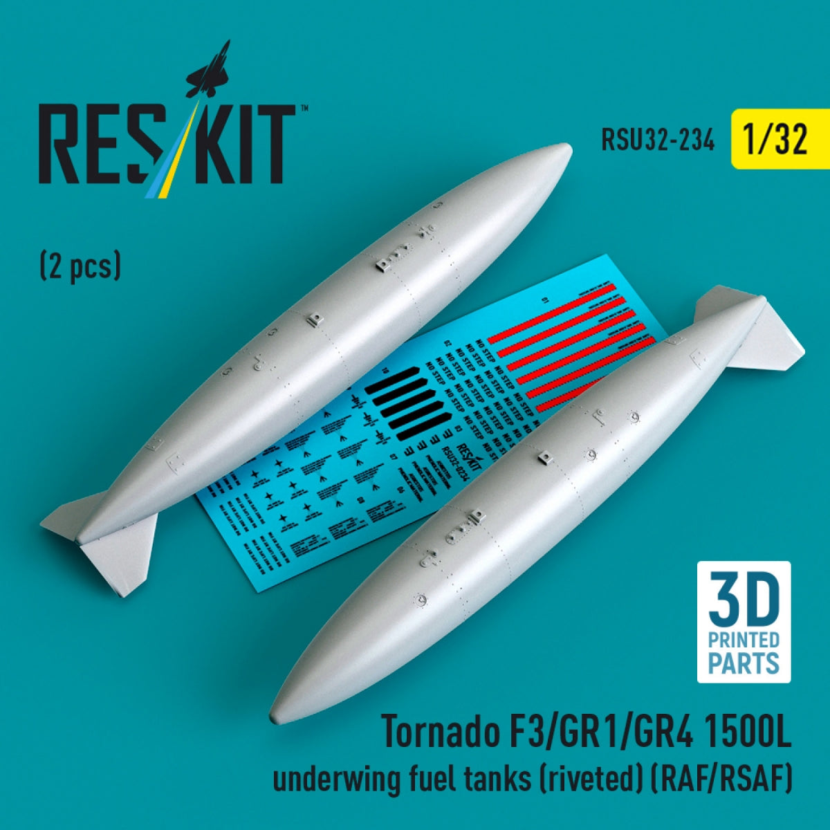 RESKIT RSU32-0234 Tornado F3/GR1/GR4 1500L underwing fuel tanks (riveted) (RAF/RSAF) (2 pcs) (3D Printed) 1/32