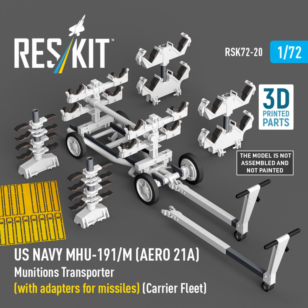 RESKIT RSK72-0020 US NAVY MHU-191/M (AERO 21A) Munitions Transporter (with adapters for missiles) (Carrier Fleet, C-130) (3D Printed model kit) 1/72 – zdjęcie 2