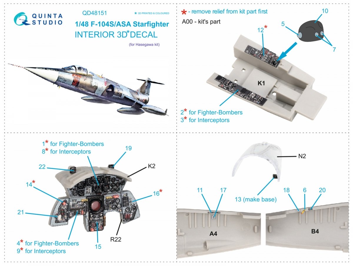 Quinta Studio QD48151 F-104S-ASA 3D-Printed &amp;amp; coloured Interior on decal paper (Hasegawa) 1/48 – zdjęcie 2