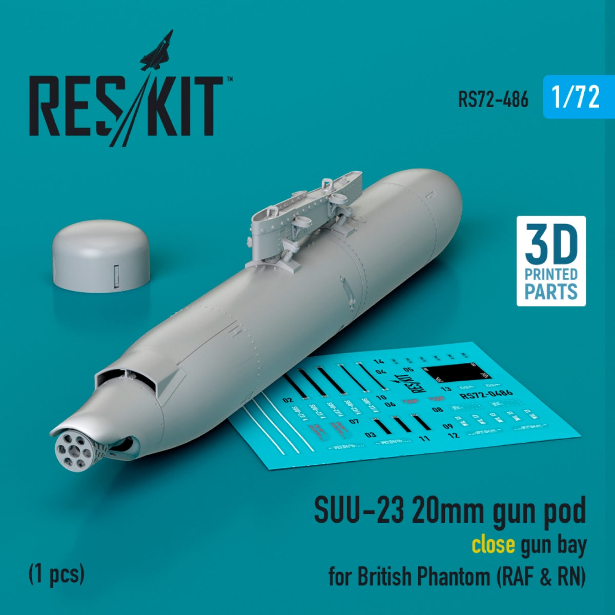RESKIT RS72-0486 SUU-23 20mm gun pod (close gun bay) for British Phantom (RAF & RN) (1 pcs) (3D Printed) 1/72