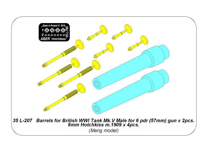 Aber 35L-207 Barrels for British WWI Tank Mk.V Male for 6 pdr (57mm) gun x 2pcs. 8mm Hotchkiss m.1909 x 4pcs. 1/35 – image 7