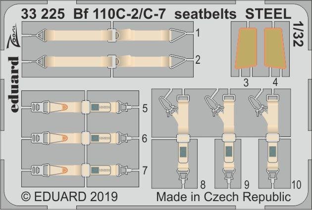 Ceintures de sécurité Eduard 33225 Bf 110C-2/C-7 en acier Revell, échelle 1/32