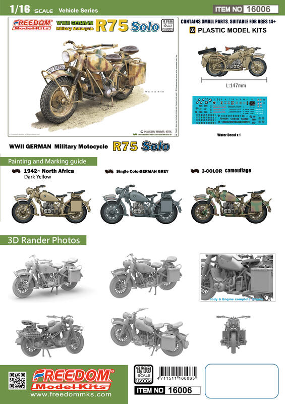 Freedom 16006 WWII German BMW R75 Motorcycle Solo 1/16 – zdjęcie 2