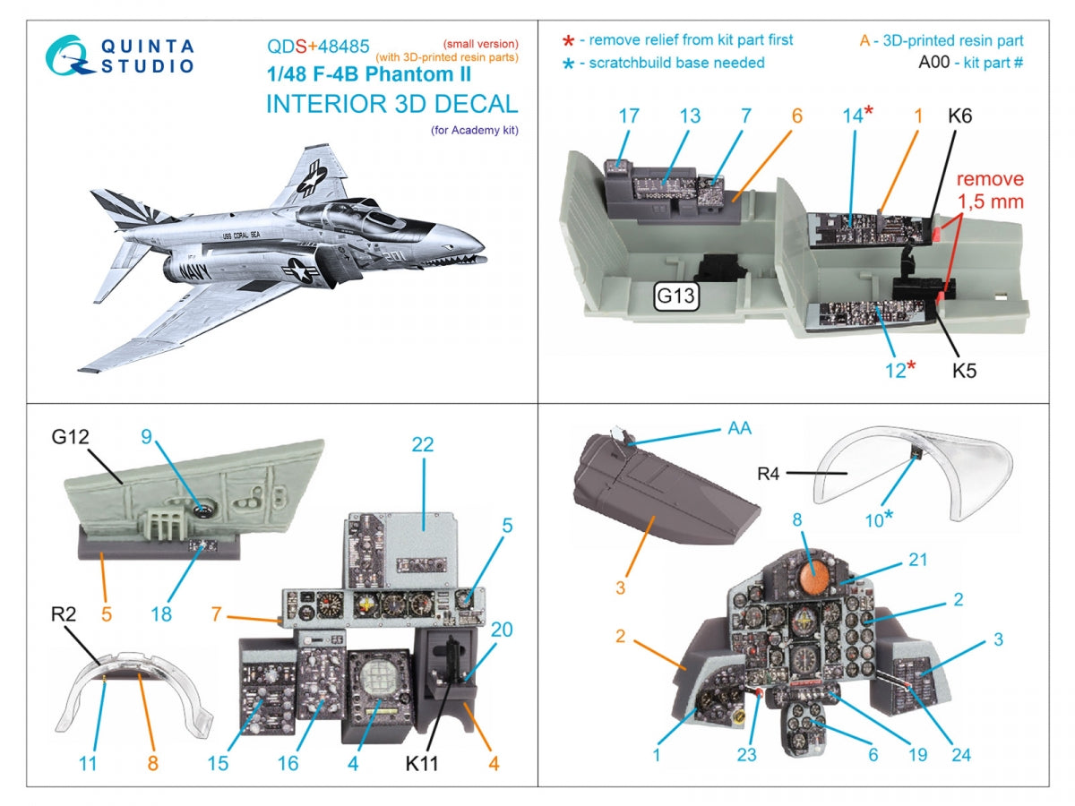 Quinta Studio QDS+48485 F-4B Phantom II 3D-Printed &amp;amp; coloured Interior on decal paper (Academy) (Small version) (with 3D-printed resin parts) 1/48 – immagine 3