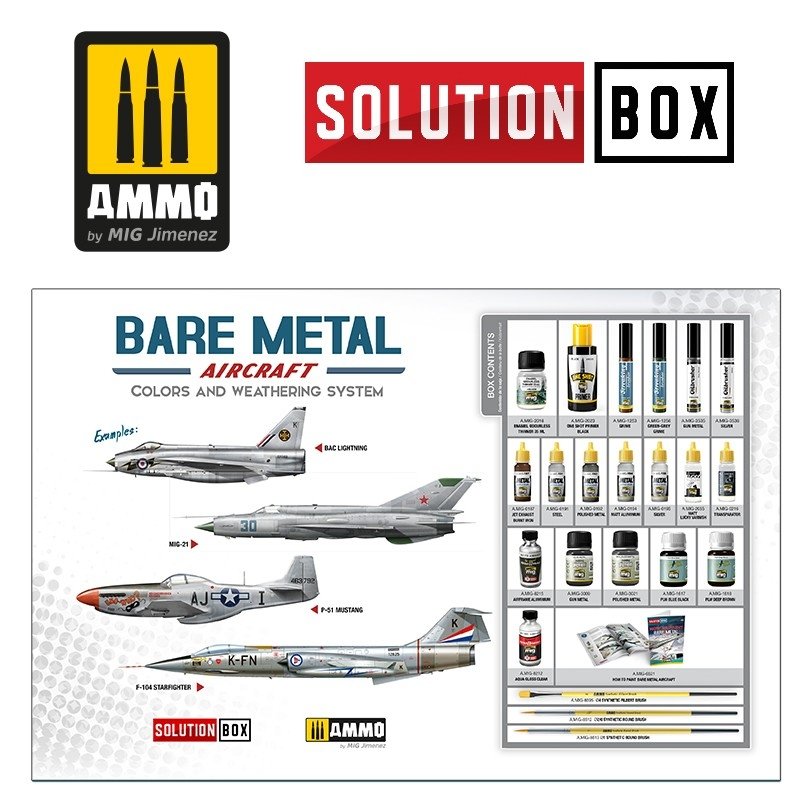 AMMO of Mig Jimenez 7721 HOW TO PAINT BARE METAL AIRCRAFT. COLORS AND WEATHERING SYSTEM SOLUTION BOX – zdjęcie 2