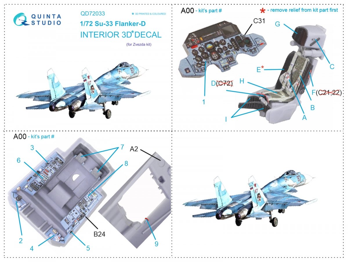 Quinta Studio QD72033 Su-33 3D-Printed &amp;amp; coloured Interior on decal paper (Zvezda) 1/72 – zdjęcie 5