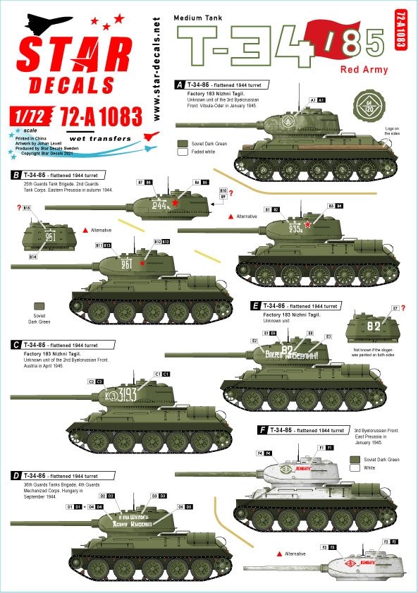 Star Decals 72-A1083 Soviet T-34-85 tanks 1944-45. 1944-45. Flattened 1944 turret and Factory 183 Nizhni Tagil turret. 1/72