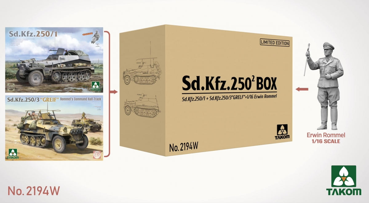 Takom 2194W Sd.Kfz 250/1 + Sd.Kfz 250/3 Greif Rommel Command Half-Track + 1/16 Erwin Rommel 1/35