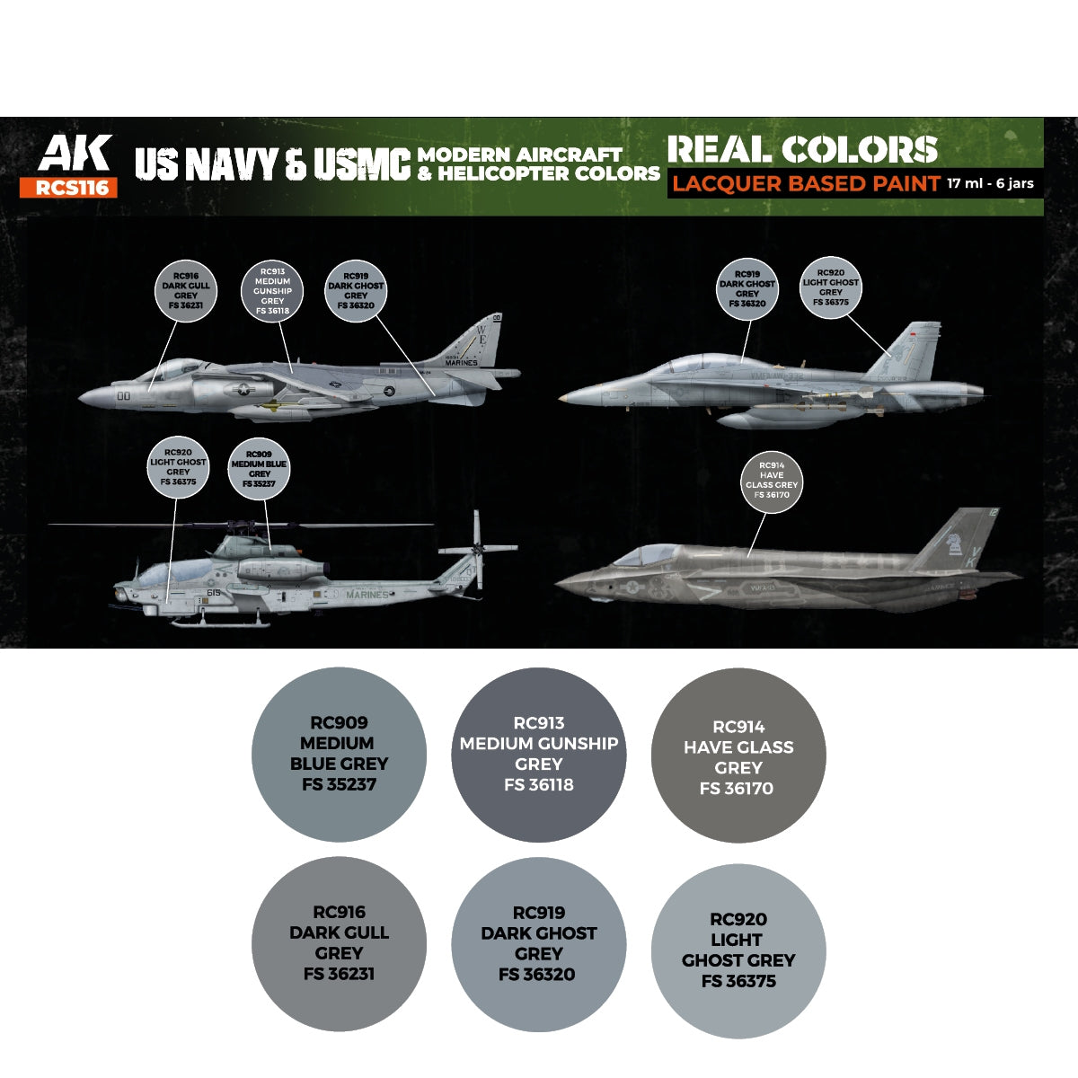 AK Interactive RCS116 US Navy and USMC Modern Aircraft and Helicopter Colors 6x17ml – image 2