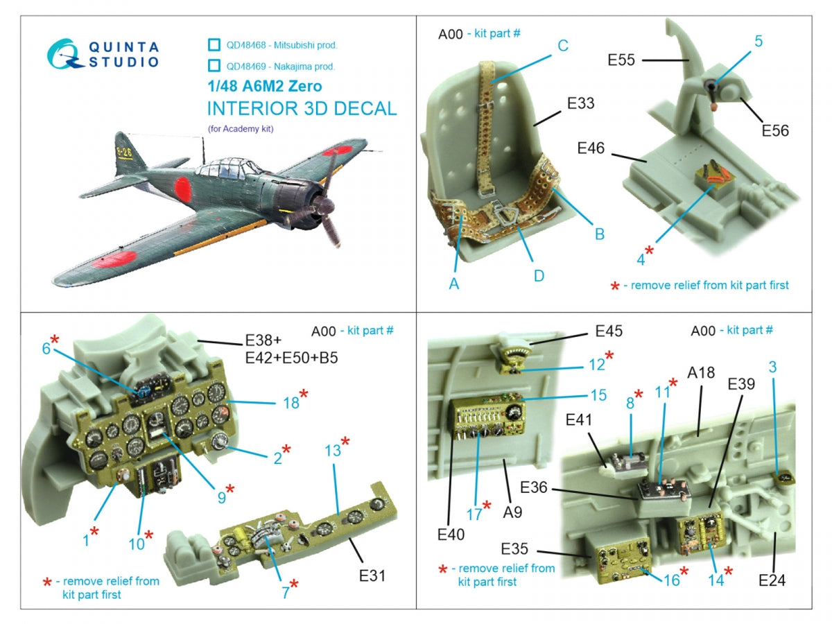 Quinta Studio QD48468 A6M2 Zero (Mitsubishi Prod.) 3D-Printed coloured Interior on decal paper (Academy) 1/48 – zdjęcie 2