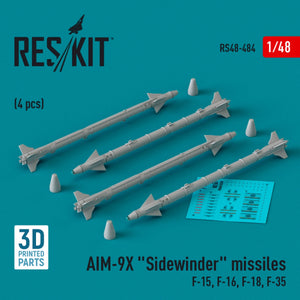 RESKIT RS48-0484 AIM-9X &amp;quot;Sidewinder&amp;quot; missiles (4 pcs) (3D Printed) 1/48