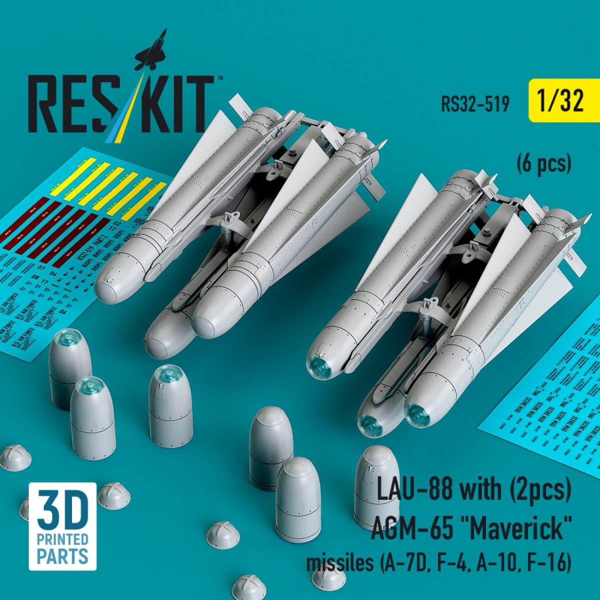 RESKIT RS32-0519 LAU-88 with (2 pcs) AGM-65 "Maverick" missiles (6 pcs) (3D Printed) 1/32
