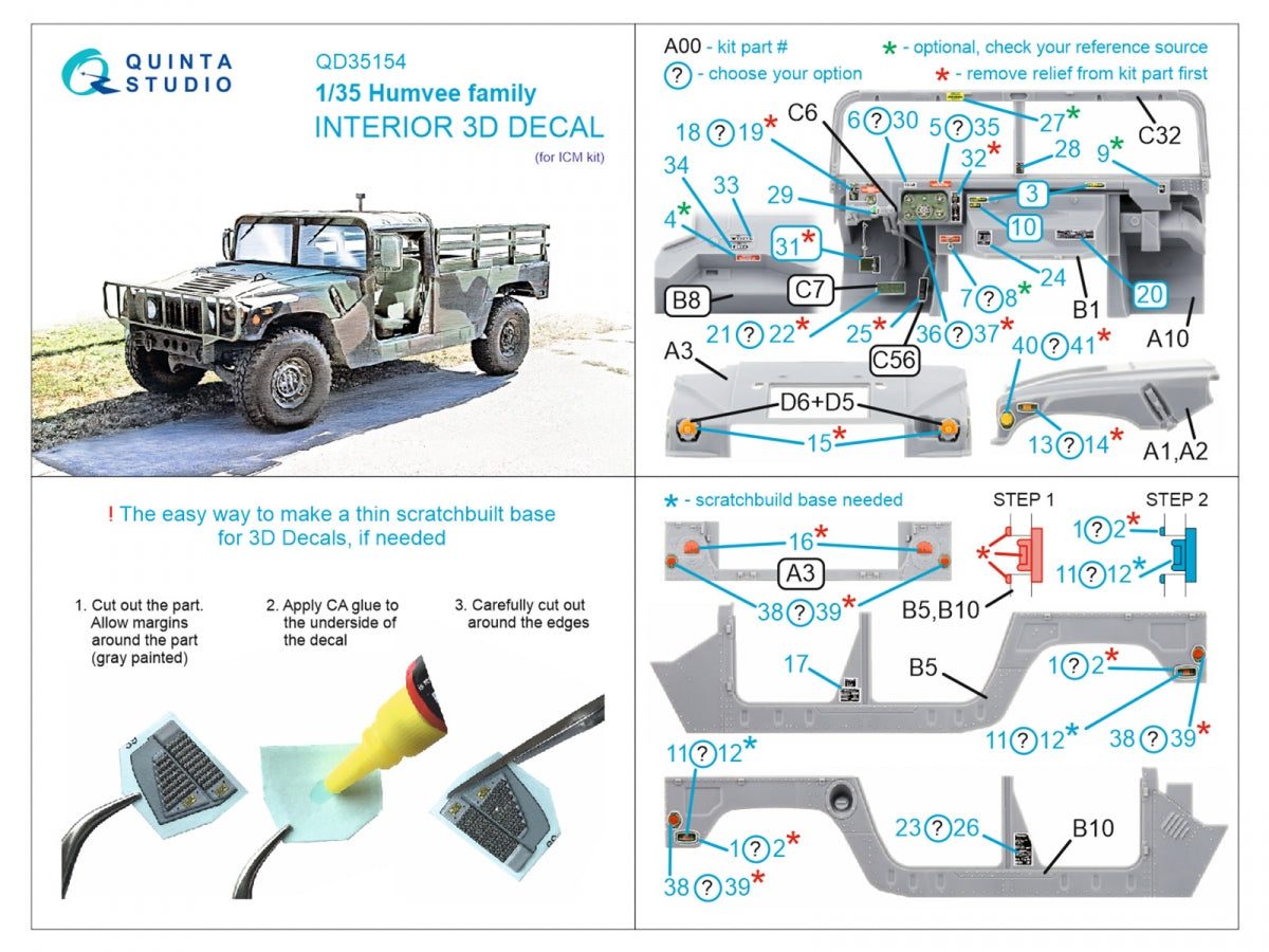 Quinta Studio QD35154 Humvee family 3D-Printed &amp;amp; coloured Interior on decal paper (ICM) 1/35 – zdjęcie 2