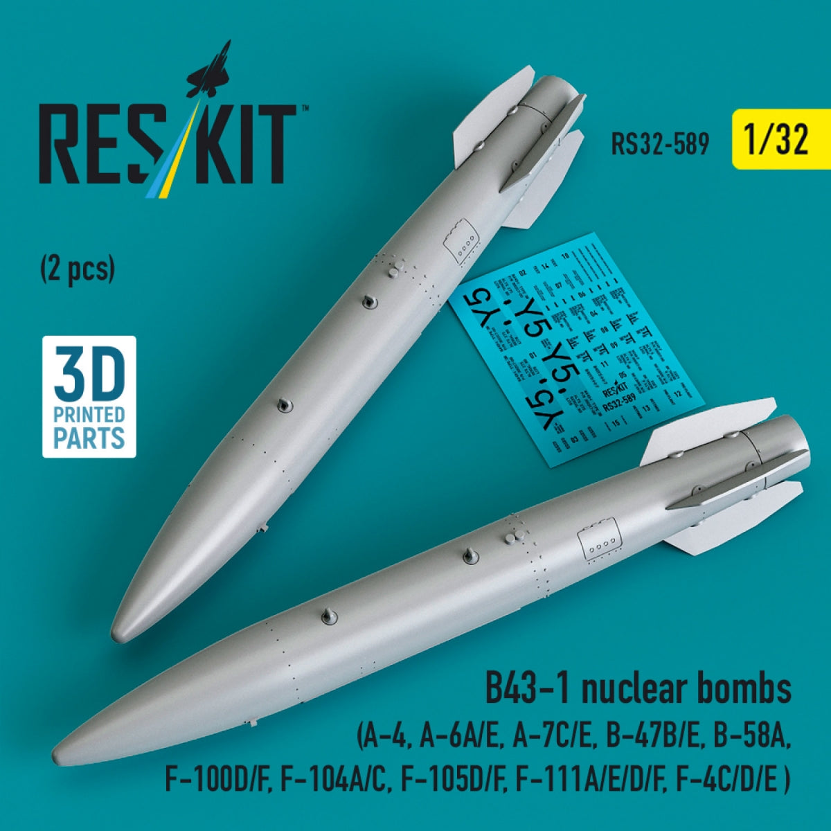 RESKIT RS32-0589 B43-1 nuclear bombs (2 pcs) (A-4, A-6A/E, A-7C/E, B-47B/E, B-58A, F-100D/F, F-104A/C, F-105D/F, F-111A/D/E/F, F-4C/D/E ) (3D Printed) 1/32