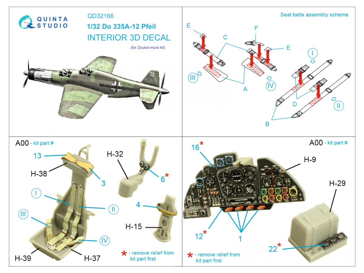 Quinta Studio QD32166 Do 335A-12 3D-Printed &amp;amp; coloured Interior on decal paper (Zoukei-Mura) 1/32 – zdjęcie 2