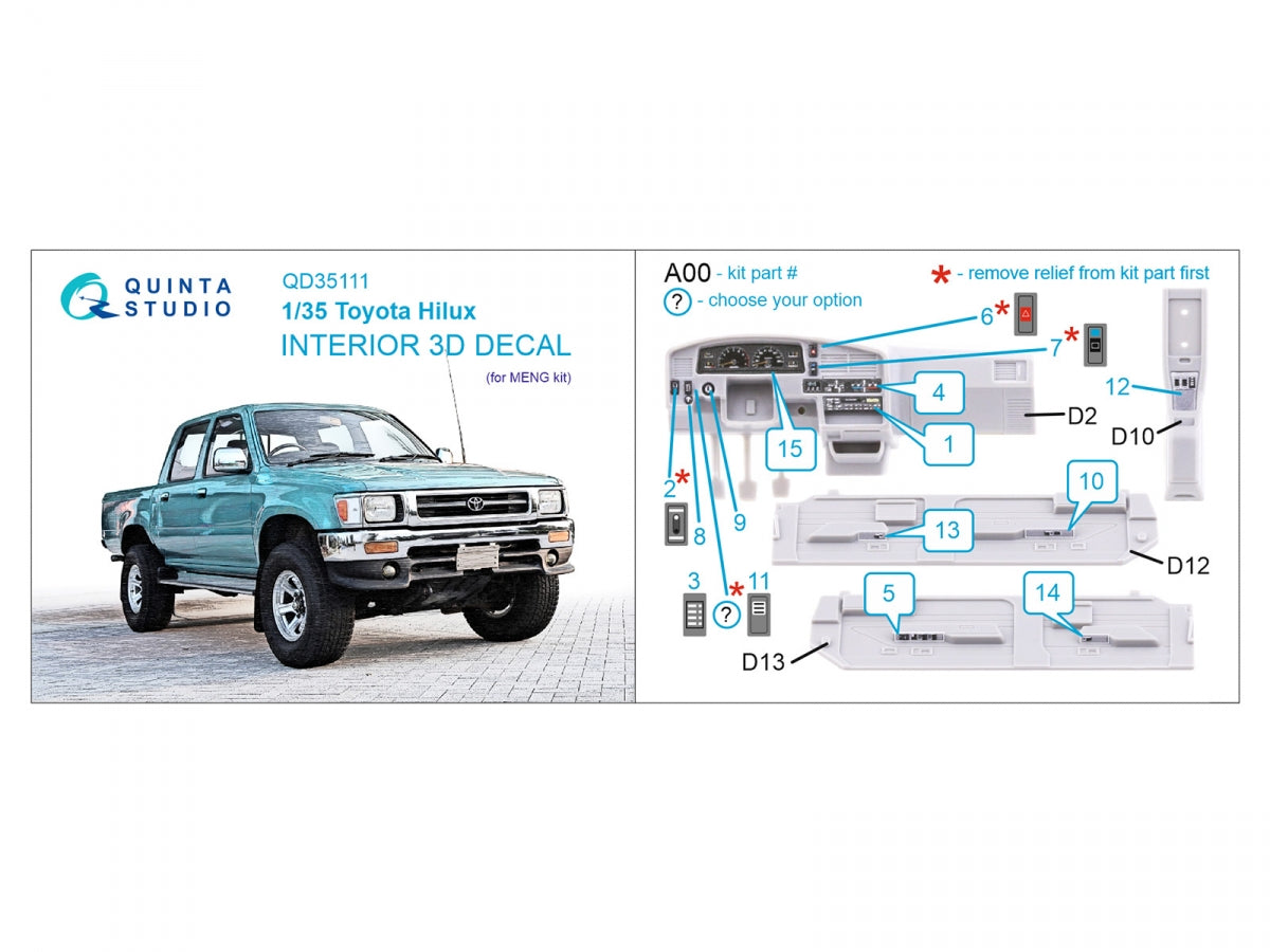Quinta Studio QD35111 Toyota Hilux 3D-Printed &amp;amp; colored Interior on decal paper (MENG) 1/35 – image 2